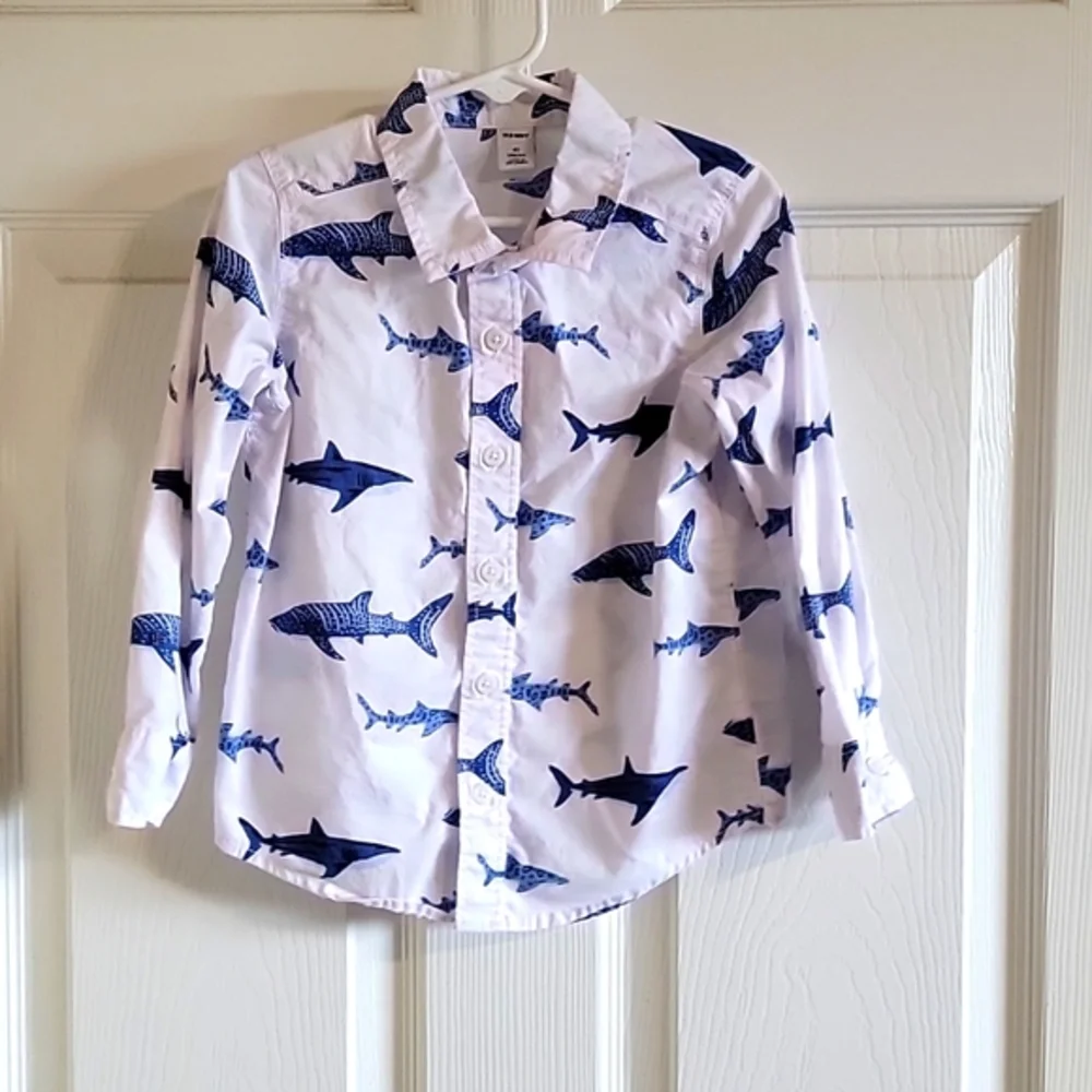Boys Old Navy button down tops, white with blue sharks and camouflage green